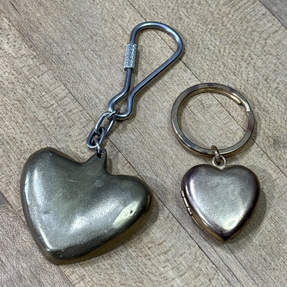 Vintage 1970s Puffy Heart Brass Keychain Lot of 2 Locket Retro Key Fobs